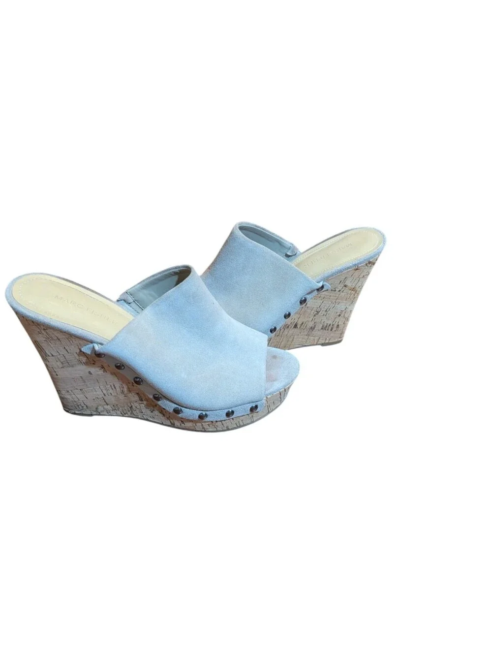 Marc Fisher Nude Cream Nubuck Suede Cork Hi Wedge Coastal  Slides Sz 9.5